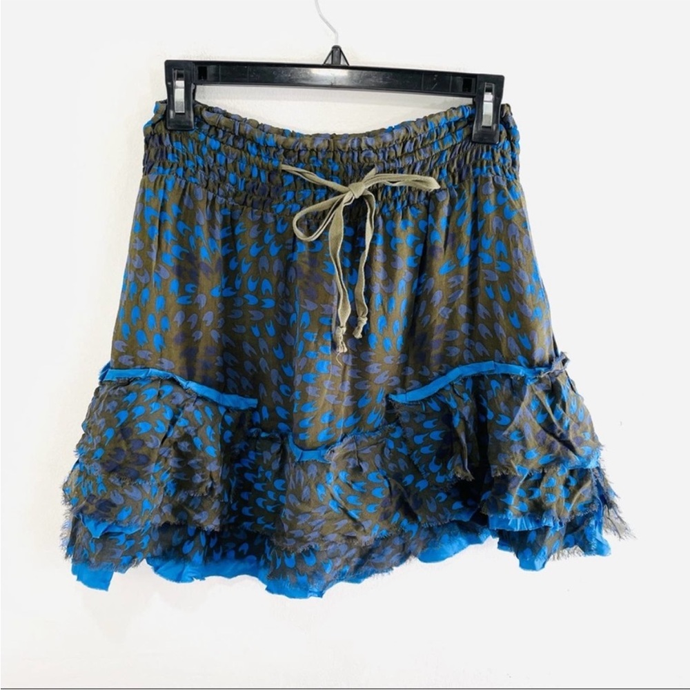 Free People Silk Blue Brown Ruffle A-Line Mini Skirt Small
